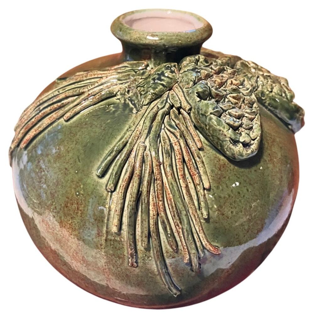 1995 Signed Studio Pottery Vase • Pine Cone Relief • Nature-Inspired • 4” Tall